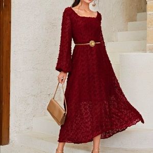 SHEIN Bishop Sleeve Fuzzy Belted Dress